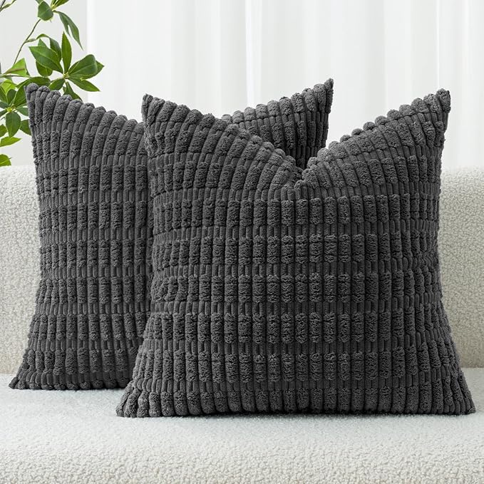 MIULEE Pack of 2 Corduroy Decorative Throw Pillow Covers 24x24 Inch Soft Boho Striped Pillow Covers Modern Farmhouse Home Decor for Sofa Living Room Couch Bed Dark Grey | Pack of 2 Soft Boho Striped Pillow Covers Modern Farmhouse Home Decor For Sofa Li...