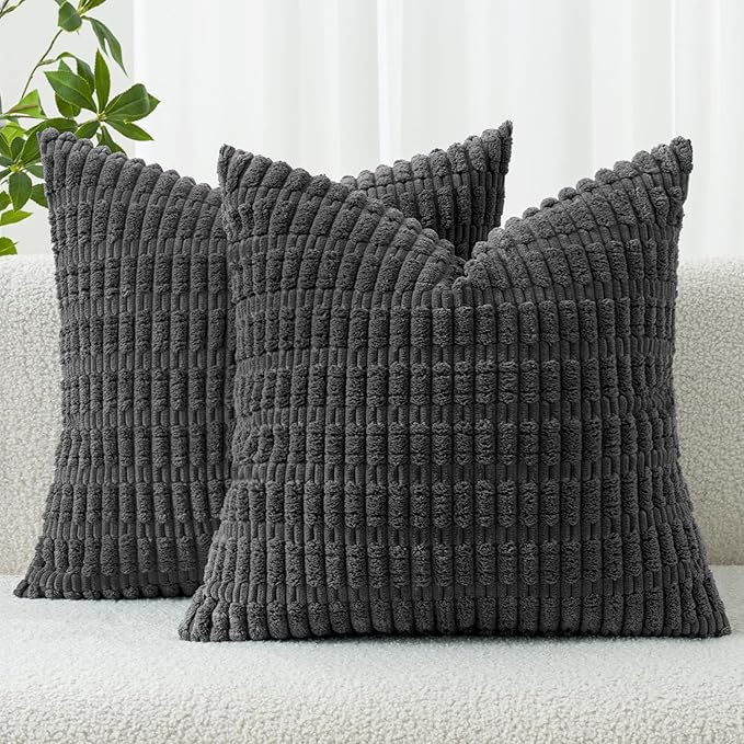MIULEE Corduroy Decorative Throw Pillow Covers 20x20 Dark Grey Pack of 2 | Soft Boho Striped Pillow Covers Modern Farmhouse Home Decor For Sofa Living Room Couch Bed