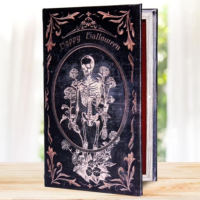 Decorative Vintage Book Shaped Trinket Storage Box | Halloween Skull Embossed Pattern,Halloween Decoration Faux Book Boxes,Gothic Style Decorated Storage Box