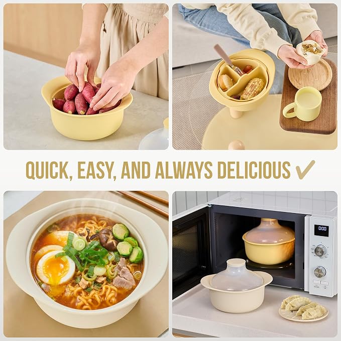 48oz Platinum Silicone 3 Compartmented Microwave Steamer Pot with Handle & Lid - Korean 100% Food-Grade Steamer Bowl, Heat-Resistant Cooker with Steam Holes, Easy Clean, Dishwasher Safe, Yellow