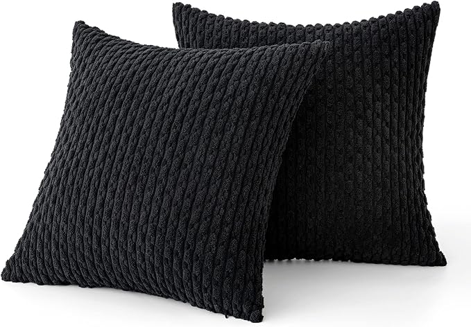 MIULEE Decorative Throw Pillow Covers 18x18 Black Textured Corduroy | Pack of 2 Striped Pillow Covers Modern Farmhouse Home Decor for Couch Bed Sofa Living Room