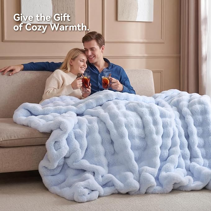 Faux Rabbit Fur Throw for Couch - Light Blue Bubble Blanket 60"x80" | Fluffy Plush Fuzzy Throw for Sofa & Bed, Super Soft Cozy Comfrt Blanket, Luxury Aesthetic Light Blue Decor Gift for Women
