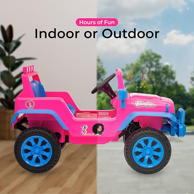 Barbie - 12V Kids Ride-On Jeep with Rechargeable Battery, LED Headlights, Press-Button Start, Durable Wheels, Forward & Reverse Drive, Contoured Seat