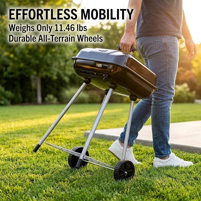 17.5 Inch Square Charcoal Grill with Wheels, Portable Outdoor BBQ Kettle Grill for Patio and Backyard Cooking, Porcelain-Coated Steel Grates and Adjustable Dampers, 302 Sq In Cooking Area, Black