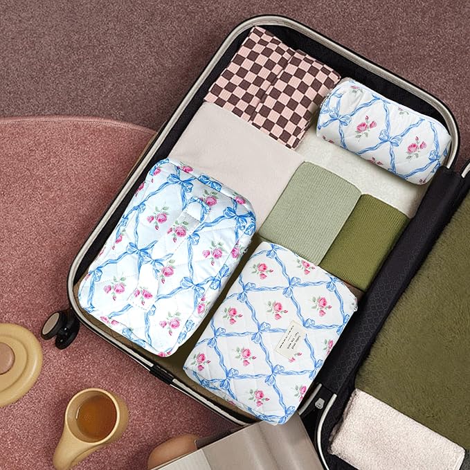 GISMTR 3Pcs Cotton Quilted Makeup Bag Large Travel Cosmetic Bag Coquette Makeup Pouch Cute Aesthetic Floral Toiletry Bag for Women Girls (flower-Q)