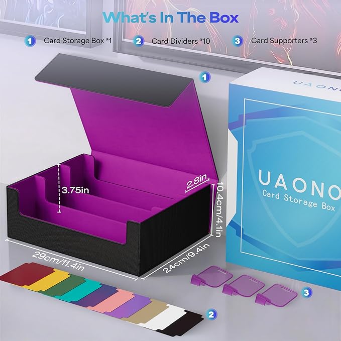 UAONO Trading Card Storage Box, Holds 1800 Sleeved Cards with 10 Dividers & 3 Stoppers, Magnetic Closure PU Leather Card Case for MTG, PTCG, YGO, Sports Cards (Black&Purple)