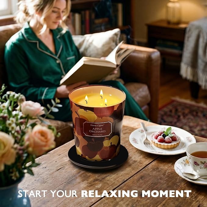 HomeLights Large jar Candle | 3-Wick Long-Lasting Scented Candles, 34oz Natural Soy Wax Candle for Home Scented, Eclectic Mixed Styles Gifts for Women & Men, Apple Orchard