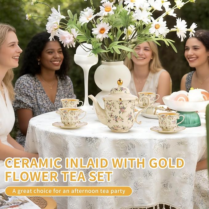 TATSUMI Country Roses Porcelain Tea Set, European Ceramic tea set for adults,Vintage Style, For Women and Tea Parties (Yellow, 13 Pieces Set)