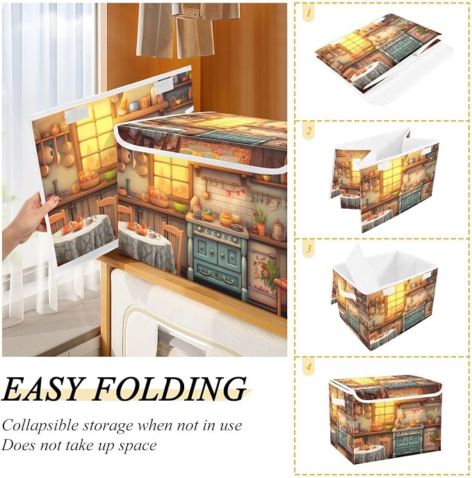Rustic Kitchen Pattern Storage Bins with Lids and Carrying Handle,Foldable Storage Boxes Organizer Containers Baskets Cube with Cover for Home Bedroom Closet Office