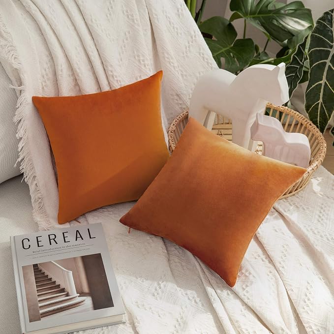 MIULEE Velvet Fall Throw Pillow Covers 14x14 Inch Pack of 2 Orange | Soft Solid Small Decorative Pillow Covers, Modern Luxury Home Decor, for Couch Chair Sofa Bedroom Livingroom Car