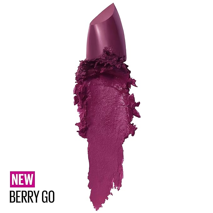 Maybelline Color Sensational Lipstick, Lip Makeup, Cream Finish, Hydrating Lipstick, Nude, Pink, Red, Plum Lip Color, Berry Go, 0.15 oz; (Packaging May Vary)