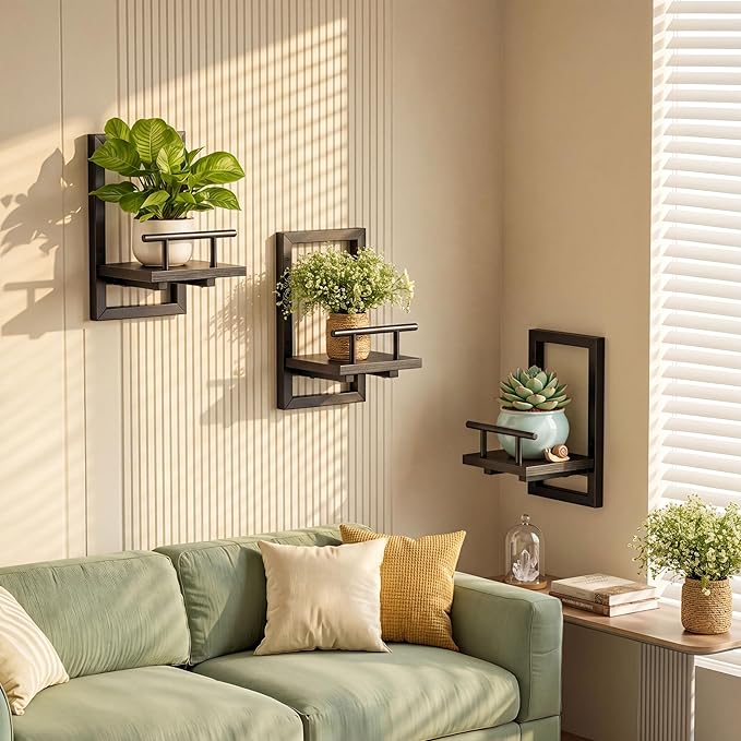 Sbosbo Floating Shelves for Wall Plant Shelf Indoor Wall Mounted Shelves | Wall Planters for Indoor Floating Plant Shelves for Bedroom, Living Room, Kitchen, Office, Bathroom Decor (Black, 3 Pack)