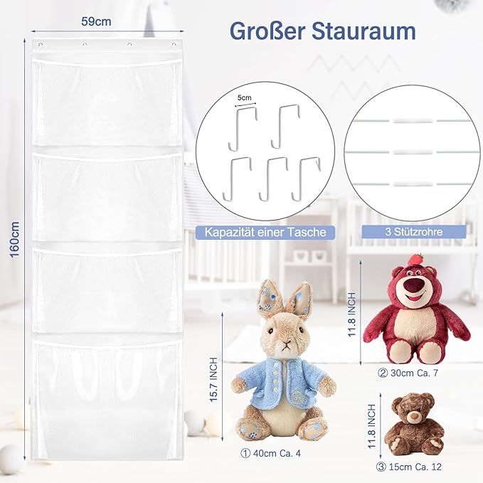 Hanging Stuffed Animal Storage, Over Door Large Plush Toy Organizer with Metal Hook, Baby Accessory Holder Idea for Nursery, Doll & Bear Mesh Hammock Bag for Girl Boy Kid Room