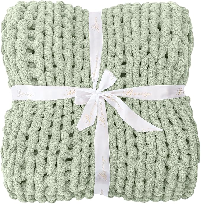 Bigacogo Chunky Knit Throw Blanket for Couch, 40x40 inches, Sage Green | Hand Knit with Jumbo Chenille, Soft Breathable Cable Knit for Sofa Bed Living Room, Machine Washable, Gift for Mom Friend