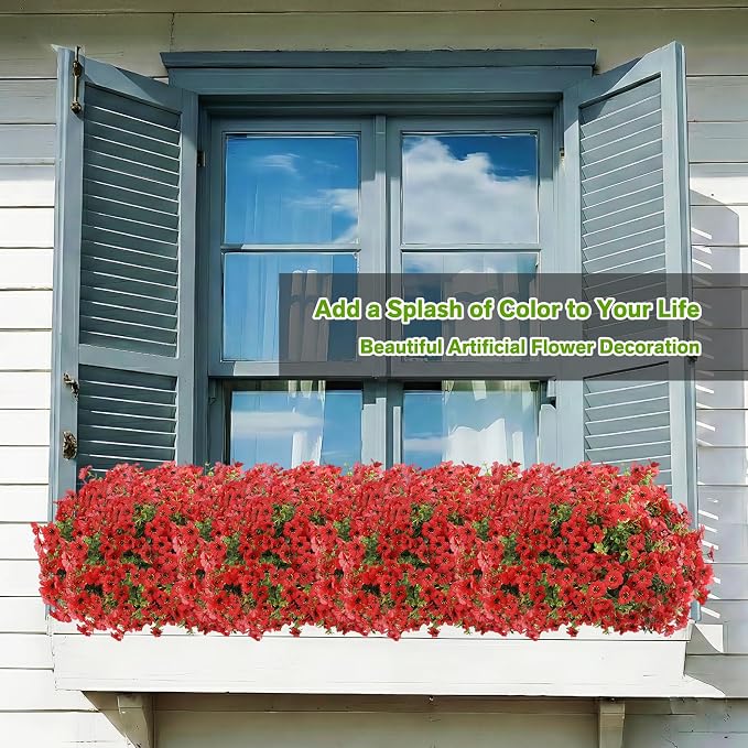 13 Bundles Artificial Flowers for Outdoors Summer Decoration | Silk Realistic UV Resistant Fake Plants Faux Flowers for Outside Planter Porch Yard Patio Garden Home Indoor, Red