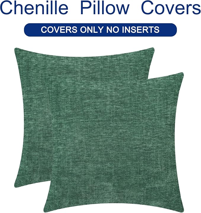 CaliTime Decorative Couch Throw Pillow Covers 18 X 18 Inches Dark Green | Pack of 2, Cozy Chenille Cushion Cases for Sofa Bed Living Room Farmhouse Home