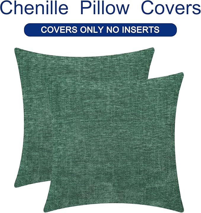 CaliTime Decorative Couch Throw Pillow Covers 20 X 20 Inches Dark Green | Pack of 2, Cozy Chenille Cushion Cases for Sofa Bed Living Room Farmhouse Home