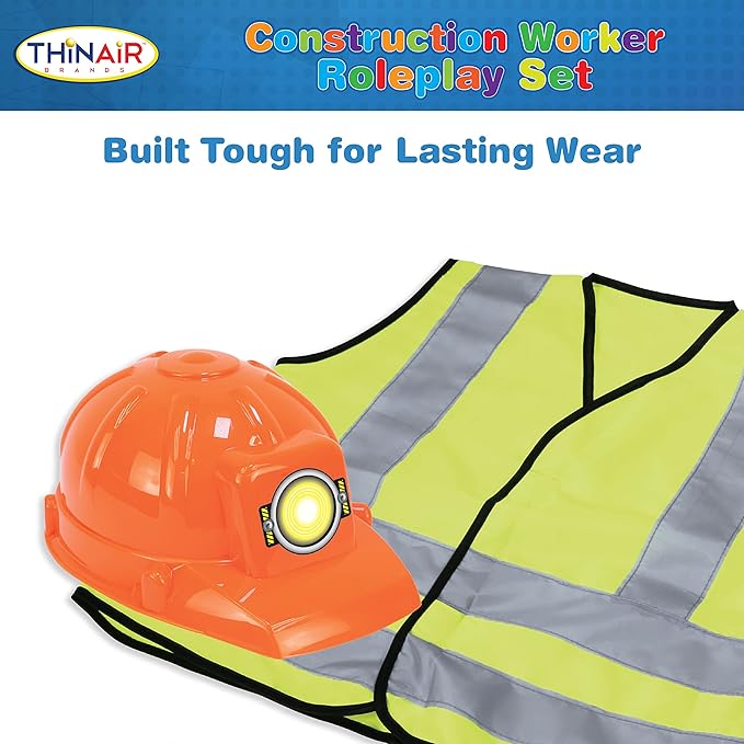 Dr. STEM Toys Construction Worker Roleplay Costume Set with Hat, Tools, Tool Belt, Gloves, and More - Orange and Yellow, One Size Fits Most Kids Ages 3 to 6