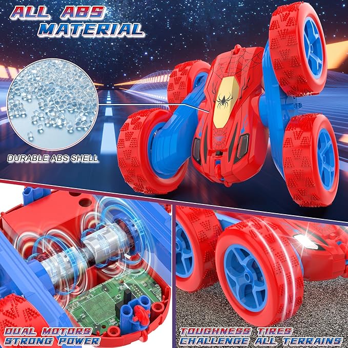 Spider Remote Control Cars for 3 4 5 6 7 Year Old Boys Double Sided 4WD Off-Road, 360° Rotating RC Stunt Car 2.4GHz Rechargeable Toys for Ages 6-12 Boys and Girls Birthday Xmas Gift