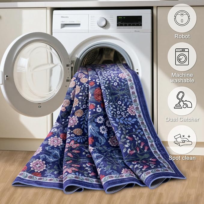 Runner Rug for Entryway: 2.6x10 Kitchen Rugs Non Slip Washable Ultra-Thin Soft Floral Carpet Indoor Floor Stain Resistant Carpets for Hallway Bedroom Kitchen Laundry Bathroom Dorm Blue
