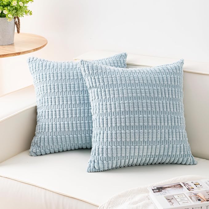 Pack of 2 Corduroy Decorative Throw Pillow Covers 16x16 Inch, Sky Blue | Fall Soft Striped Pillow Covers Modern Farmhouse Home Decor Christmas Throw Pillow Covers for Sofa Living Room Couch Bed