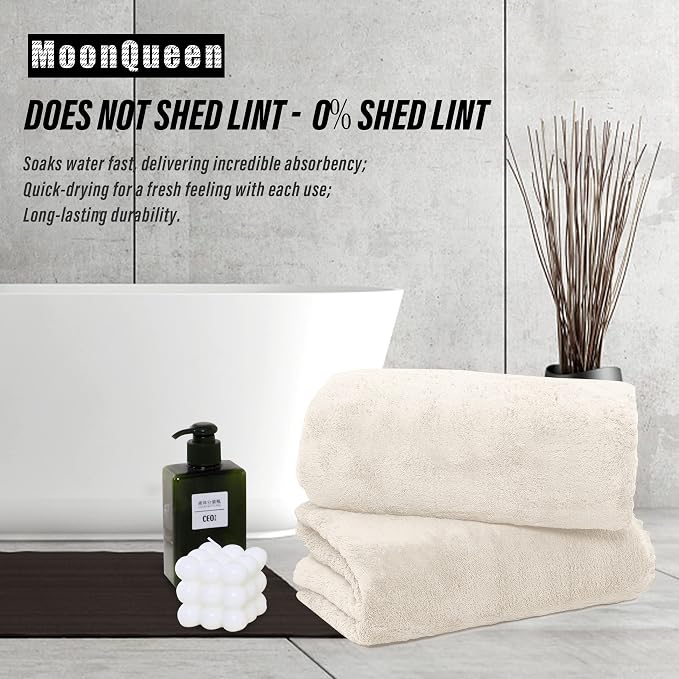 MOONQUEEN 2 Pack Premium Bath Towel Set - Quick Drying - Microfiber Coral Velvet Highly Absorbent Towels - Multipurpose Use as Bath Fitness, Bathroom, Shower, Sports, Yoga Towel (Cream)