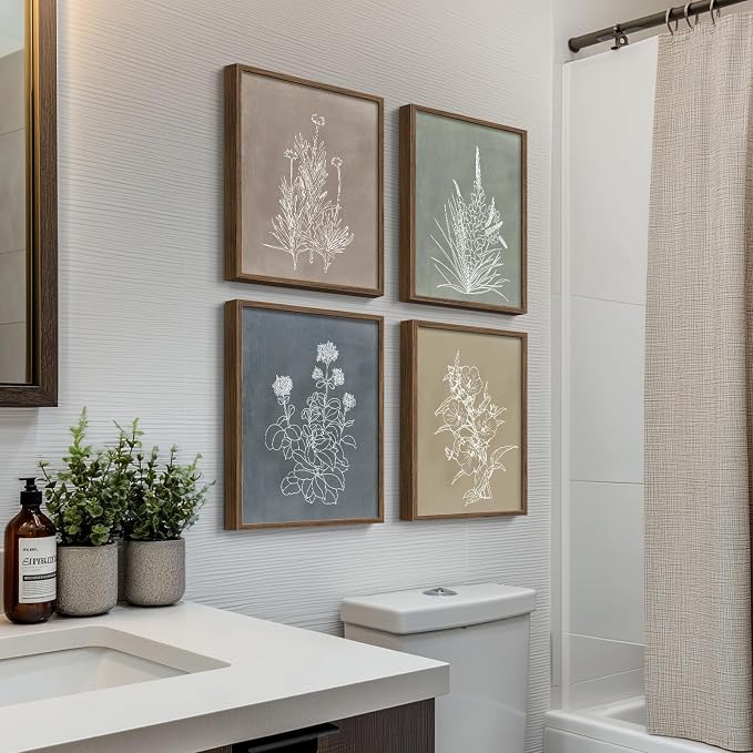 Framed Boho Botanical Wall Art for Bathroom, 4 Piece Rustic Floral Canvas Painting Prints Artwork, Vintage Neutral Flower Pictures for Farmhouse Bedroom Dining Room Kitchen Office Wall Decor, 8x10 In