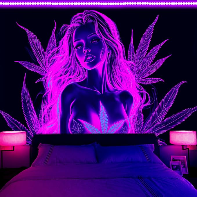 Bcsewcg Blacklight Tapestry, Women Sexy Purple Tapestry, Blacklight Art Tapestry Wall Hanging, Uv Glow in the Dark Hot Girl Poster for Adults Room Bedroom Dorm Wall Decor