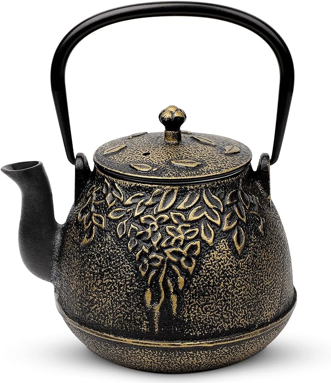 Toptier Tea Kettle for Stove Top, Cast Iron Teapot Stovetop Safe with Infusers for Loose Tea, 54 oz, Black