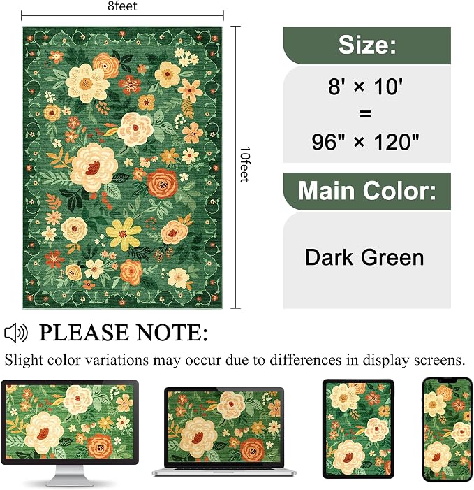 DUKINO 8x10 Area Rugs, Floral Washable Living Room Rug Non Slip, Dark Green | Low Pile, Stain Resistant, Soft Indoor Large Carpet for Bedroom, Dining Rom, Kids Playroom, Pet Friendly, Modern Home Decor