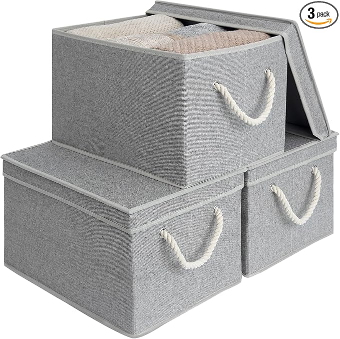StorageWorks Storage Bins with Lids, Decorative Storage Boxes with Soft Rope Handles, Foldable Stackable Storage Baskets for Closet, Shelves, 3-Pack, Gray, Jumbo