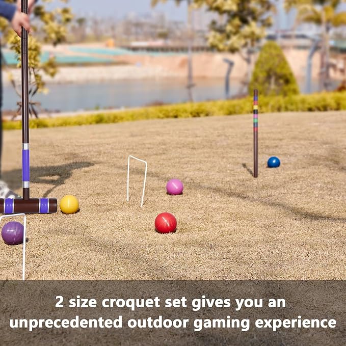 SpeedArmis Deluxe 8 Players Croquet Set with 32In Regulation | 28In Standard Size Rubber Wood Mallets, Colored PE Ball, Wickets, 21In End Stakes - Lawn Backyard Game for Teens/Adults/Family
