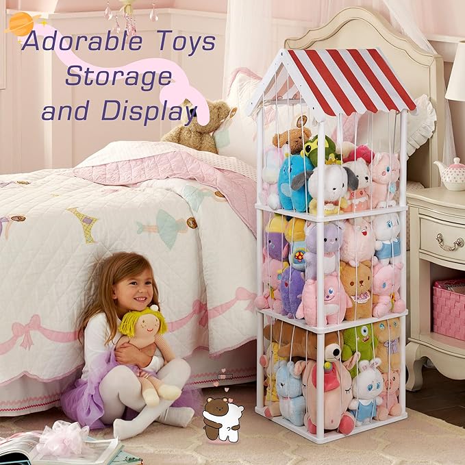 Stuffed Animal Storage, Space Saving Vertical Stuffed Animal Holder Wood, Easy Assembly Cottage-Style Plush Toys Organizer for Kids Bedroom & Playroom (White)