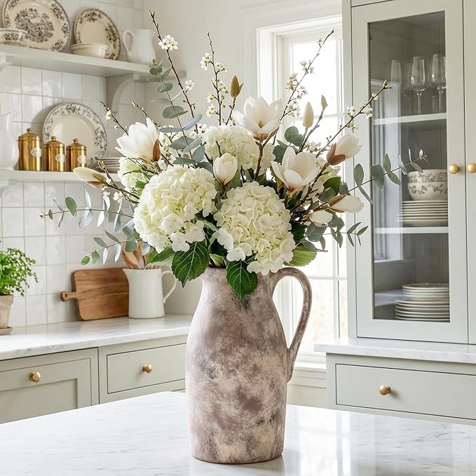 Ceramic Flower Vase with Handles,11" Neutral Tall Clay Terracotta Vases Farmhouse Table Vases with Handle Living Room Decor Rustic Pottery Pots for Home Shelf Coffee Dining Desk Fireplace