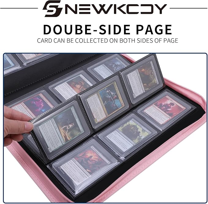 Snekdy Top loader Binder, 9 Pockets Top Loader，Holds 360 Top Loaders cards, Card binder with Sleeves for card in 3 x 4 inches color smooth Zipper PU Leather (Pink)