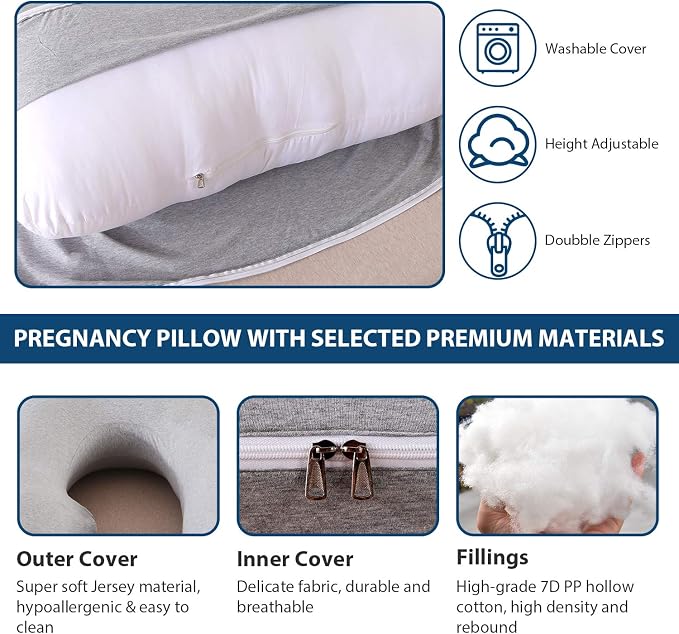 U-Shaped Full Body Pregnancy Pillow for Sleeping – 57" Maternity Pillow with Removable Cover, Support for Back, Legs, Belly & Hips (Jersey-LightGrey)