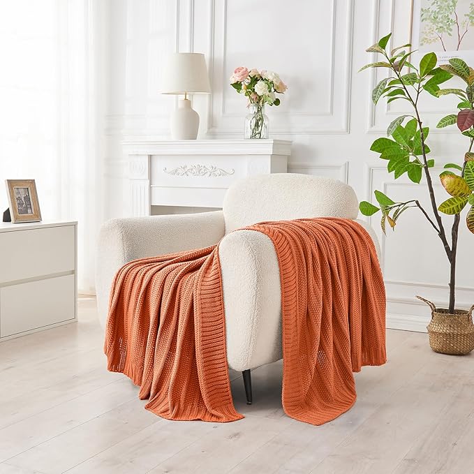 Douceur Rust Orange Throw Blanket for Bed, Soft Cozy Lightweight Stripe Pattern Knitted Throw Blanket for Sofa, Living Room Gift, 60"X80"