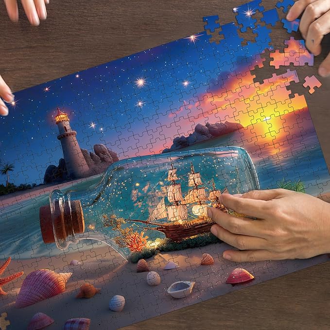 Puzzles for Adults 500 Pieces, Lighthouse Jigsaw Puzzles - Bottle of Stars, Impossible Beach Sailboat Puzzle for Seniors Families, 20.47x14.96 Inches, 1:1 Poster, Letter On The Back
