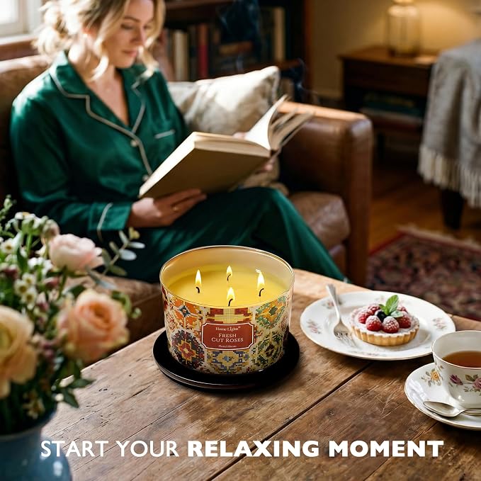 HomeLights 4-Wick Candles for Home Scented - 18oz Soy Wax Blend Candle Long-Lasting Fragrance, Bohemian Natural Textures Home Decor and Housewarming Gifts, Fresh Cut Roses