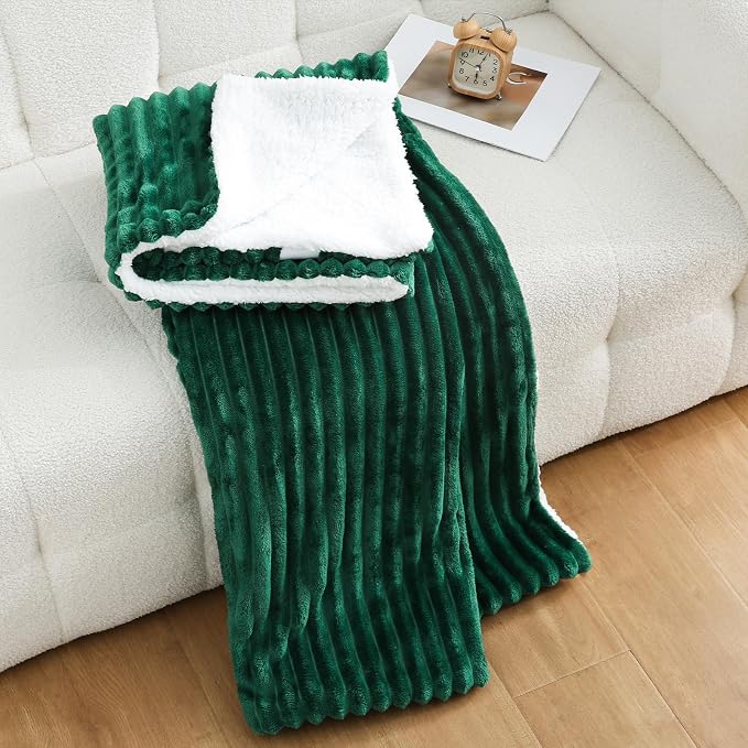 Green Sherpa Fleece Throw Blanket 50”×60” for Couch Sofa Bed | Double Side Soft Fuzzy Cozy Plush Thick Flannel Blanket with Striped Design Gift for Adults,Woman