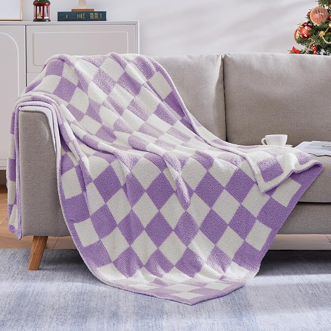 Soft Twin Size Checkered Blanket for Bed-Cozy Knitted Blankets | Lightweight Fluffy Warm Decor for Women, Mom, Her & Girls, Sofa, Chair, Couch, 60x80in,Purple