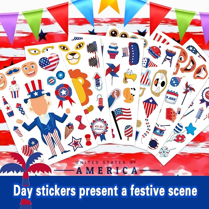 4th of July Sticker Make-a-face Stickers Patriotic Crafts Stickers for Kids, Independence Day Make Your Own Stickers, Fourth of July American Birthday, USA Clasroom Decoration, Memorial Day