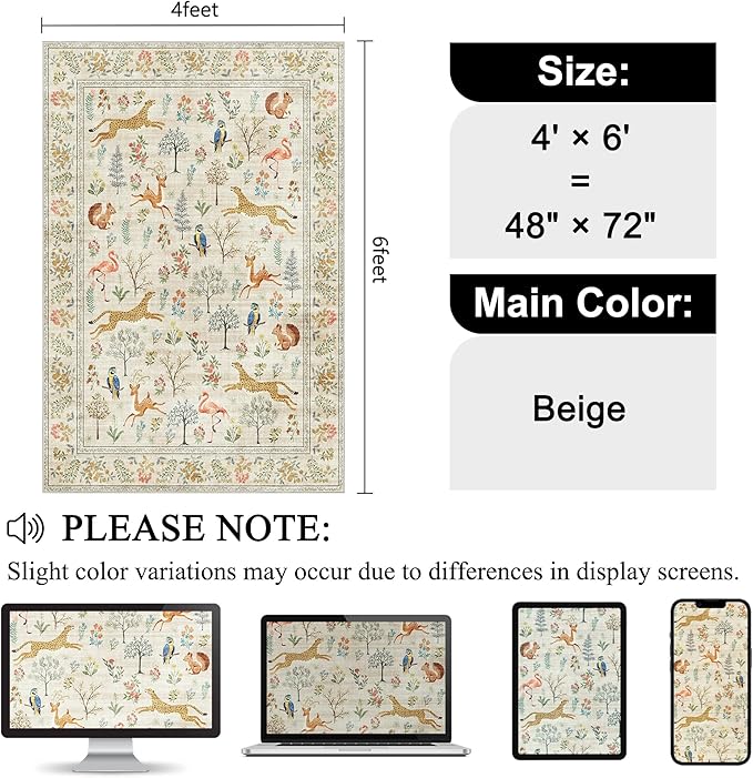 DUKINO 4x6 Area Rug, Non Slip Animal Washable Rug for Living Room, Beige | Soft, Low Pile, Stain Resistant Indoor Carpet for Bedroom, Dining Room, Nursery, Farmhouse, Pet Friendly, Non-Shedding