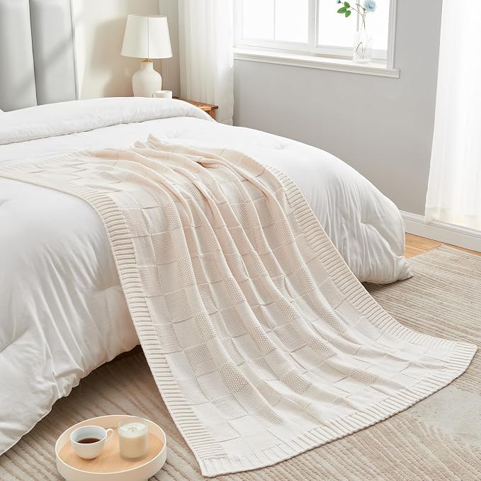 CozeCube Cream White Knitted Checkered Throw Blanket 50"X60" | Check Knit Throw for Couch, Decorative Christmas Soft Cozy Warm Blanket for Bed Sofa Living Room
