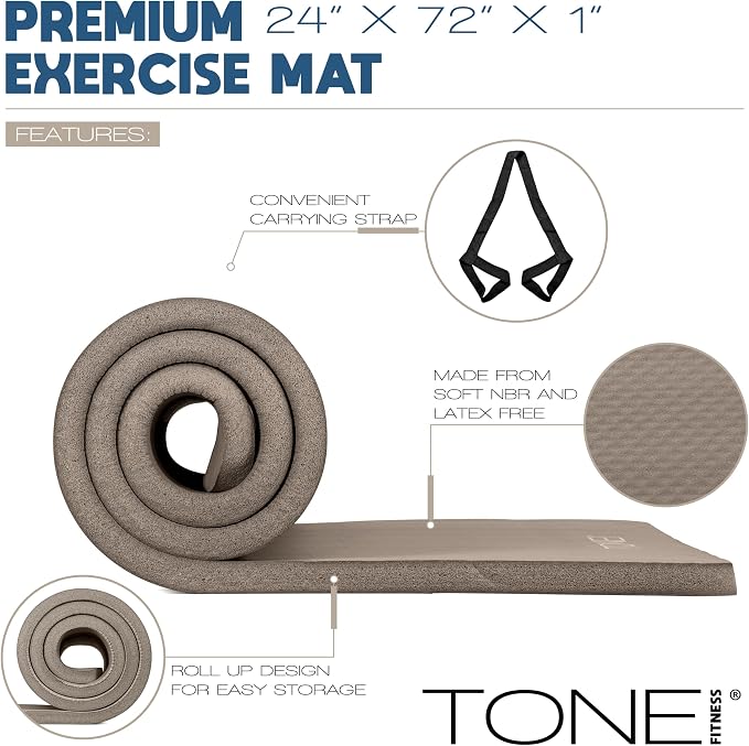 Tone Fitness 1-Inch Thick Yoga Mat | High-Density, Non-slip Exercise Mat with Carrying Strap for Yoga, Pilates, & Home Gym Workouts | Multiple Options