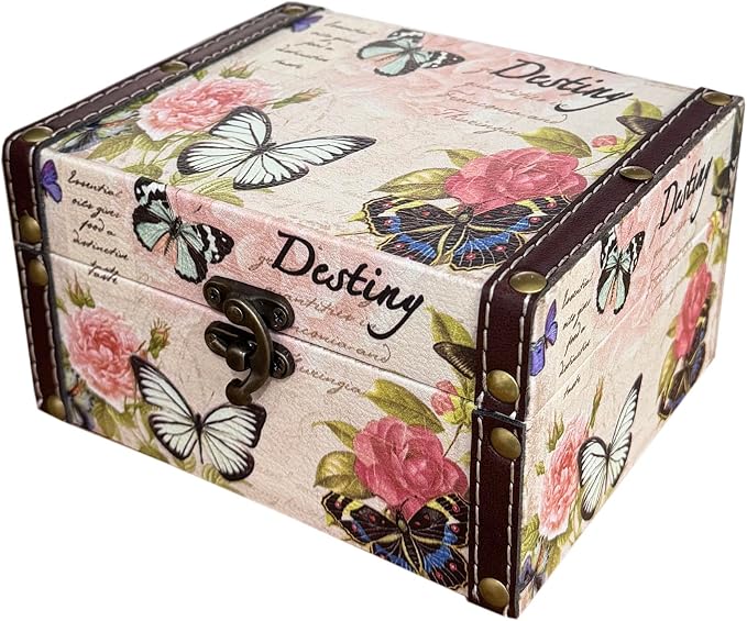 Butterfly Jewelry Box Pink Wood Treasure Chest for Women Girls | Storage Decorative Box for Jewelry Trinkets Photos Gifts Decorative Keepsake Box Home Decorations