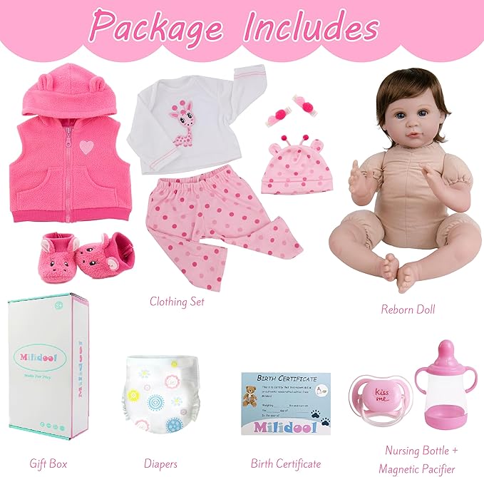 Milidool Lifelike Reborn Baby Dolls Girl, Realistic Silicone Baby Doll Real 22 inch Weighted Soft Body Newborn Girl Doll with Feeding Toy Accessories Gift Set