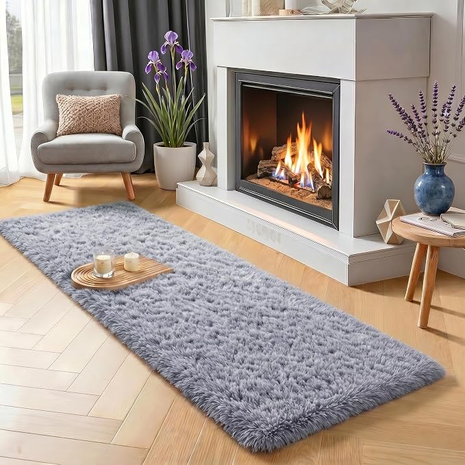 PAGISOFE Grey Runner Rugs for Hallway 2x6 Ft, Super Soft Fluffy Rug Home Decor Aesthetic, Fuzzy Plush Long Bedside Rugs, Plush Shag Carpet for Bedroom, Kids Room, Teen Dorm Nursery Room Decor