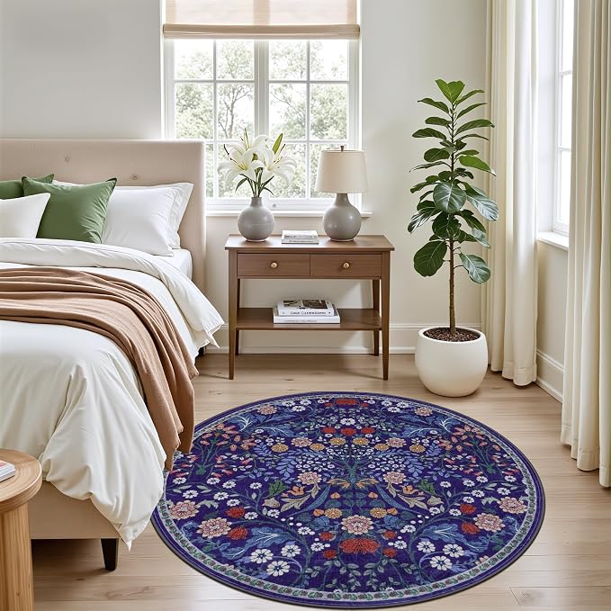 Round Area Rug for Living Room: 4 ft Floral Washable Circle Rug Soft Boho Non-Slip Carpet Indoor Stain Resistant Low Pile Small Circular Rug for Bedroom Entryway Kitchen Nursery Home Office Blue