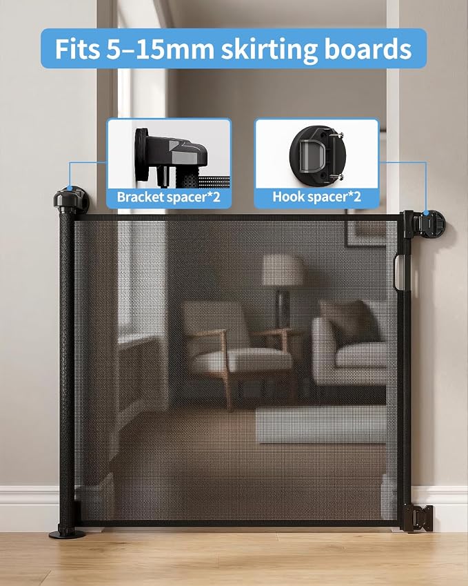 Veraste (2 Pack) Retractable Baby Gate for Doorways and Stairs, Mesh Safety Gate for Pet, Indoor & Outdoor Use, One-Hand Operation, Easy Installation, 33.6" Tall, Expands to 55" Wide（Black,33.6"x55"